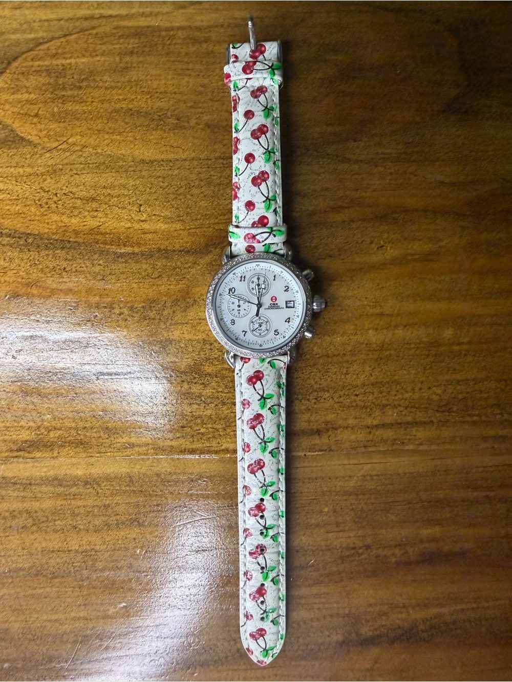 Women's Cherry Print White Leather Watch - Charming Floral Design